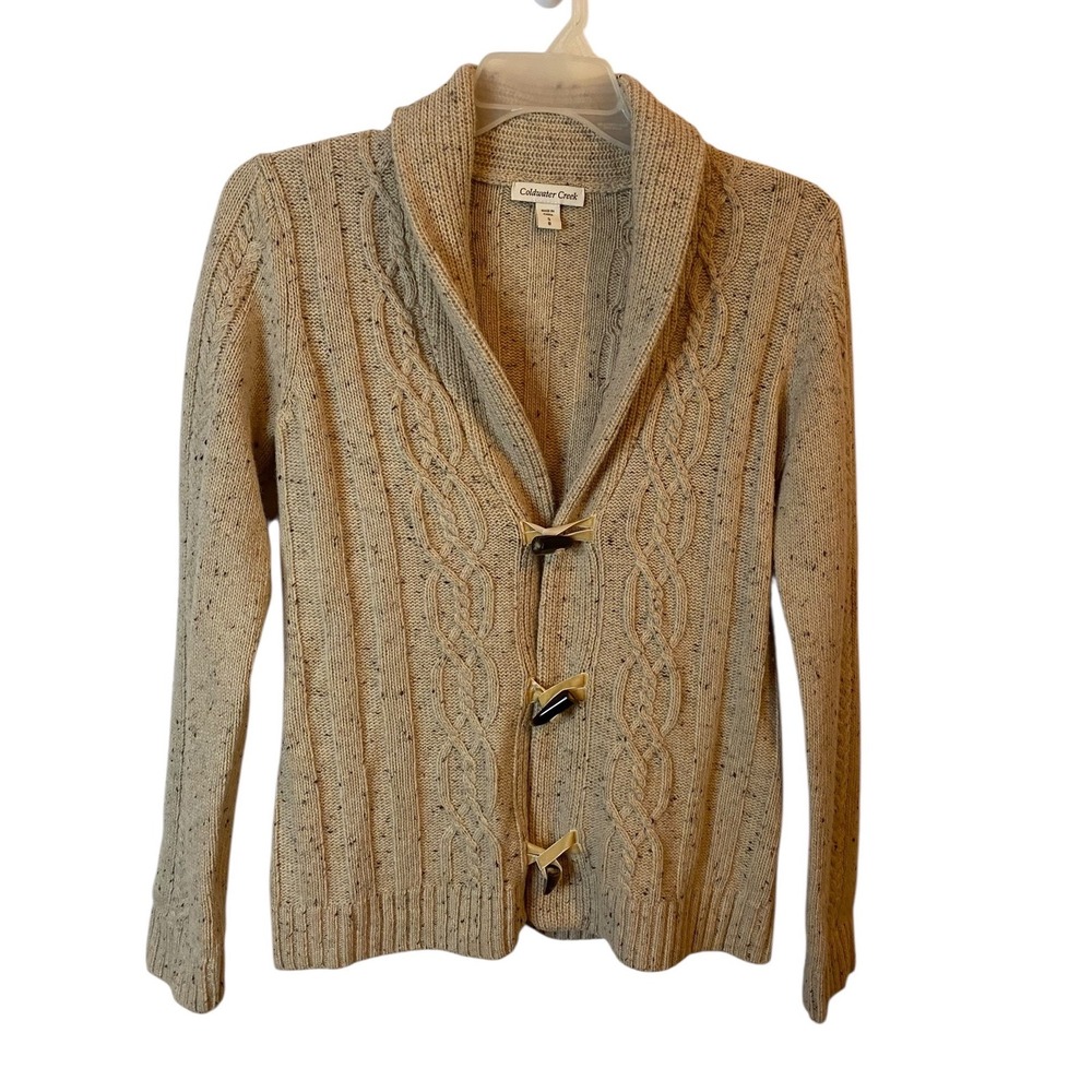 Coldwater Creek Womens Beige Tweed Wool Blend Cable Knit Toggle Cardigan Small